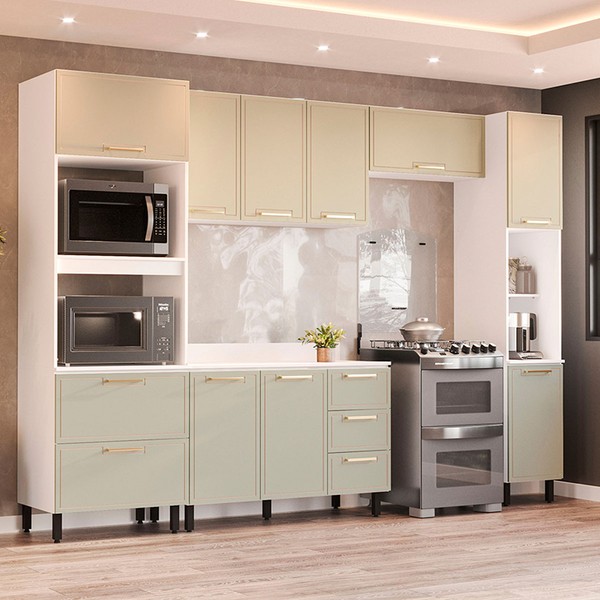 Cozinha Completa Amara 10 Portas 4 Gavetas 40250092 Branco/Verde Oliva - Politorno