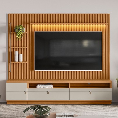 Estante para TV Até 75 Polegadas Colina 1 Porta com Led Nature/Off White - Pnr Móveis