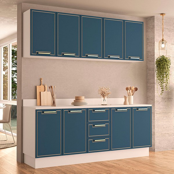 Cozinha Completa Amara 9 Portas 3 Gavetas Branco/Azul - Politorno