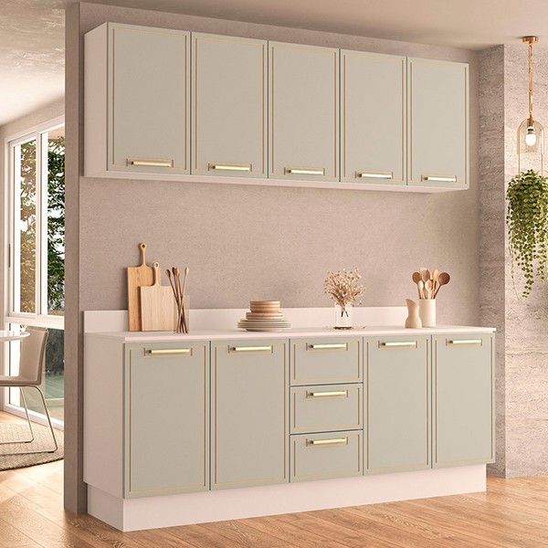 Cozinha Completa Amara 9 Portas 3 Gavetas Branco/Verde Oliva - Politorno