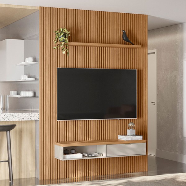 Painel para TV Até 75 Polegadas Sydnei 1 Porta 180 Cm Ripado Nature/Off White - Pnr Móveis