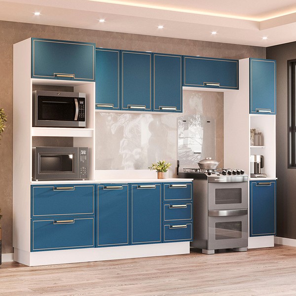 Cozinha Completa Amara 10 Portas 4 Gavetas 40250098 Azul/Branco - Politorno