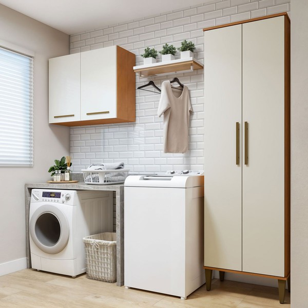 Lavanderia Completa São Gonçalo 4 Portas 6 Prateleiras Nature/Off White - Kaiki Móveis