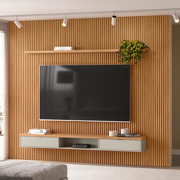 Painel para TV Até 75 Polegadas Sydnei 2 Portas 300 Cm Ripado Nature/Off White - Pnr Móveis