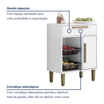 Armário de Cozinha 1 Porta 1 Gaveta com Fruteira Branco - Kaiki Móveis