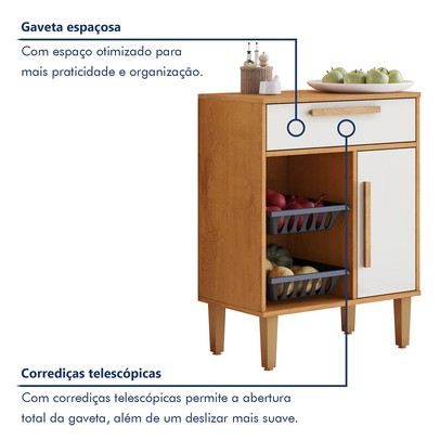 Armário de Cozinha 1 Porta 1 Gaveta com Fruteira Nature/Off White - Kaiki Móveis