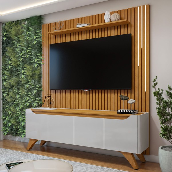 Rack com Painel para TV Até 75 Polegadas Grécia Paris 4 Portas com Led Off White/Naturalle - Mavaular