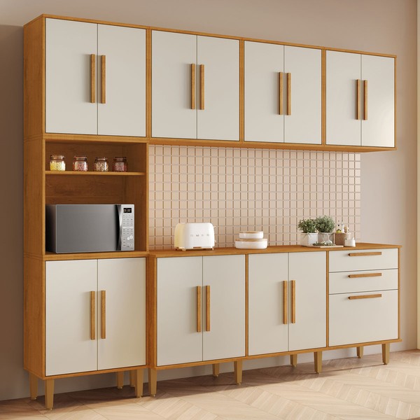 Cozinha Completa Lorena 15 Portas 2 Gavetas Nature/Off White - Kaiki Móveis