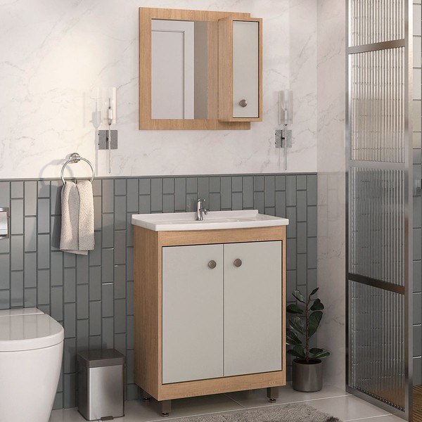 Armário de Banheiro Leví 3 Portas com Espelho Carvalho Nature/Arena - Pnr Móveis