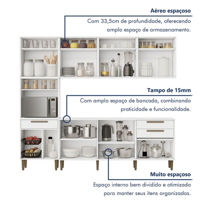 Cozinha Completa Lorena 14 Portas 2 Gavetas com Fruteira Branco - Kaiki Móveis