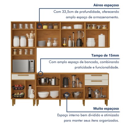 Cozinha Completa Lorena 14 Portas 2 Gavetas com Fruteira Nature/Off White - Kaiki Móveis
