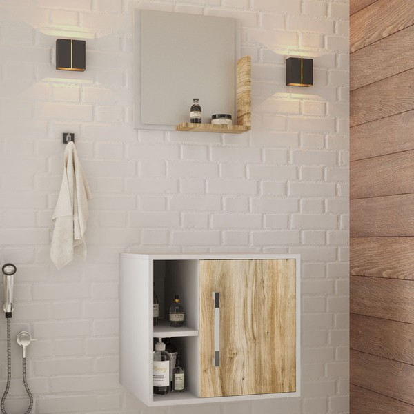 Armário de Banheiro Olivia 1 Porta 2 Prateleiras com Espelho Branco Chess/Carvalho - Pnr Móveis