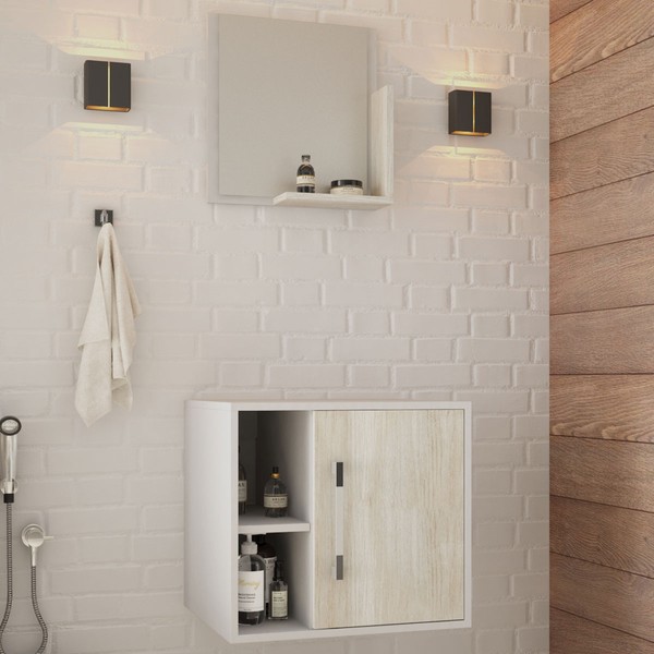 Armário de Banheiro Olivia 1 Porta 2 Prateleiras com Espelho Branco Chess/Snow  - Pnr Móveis