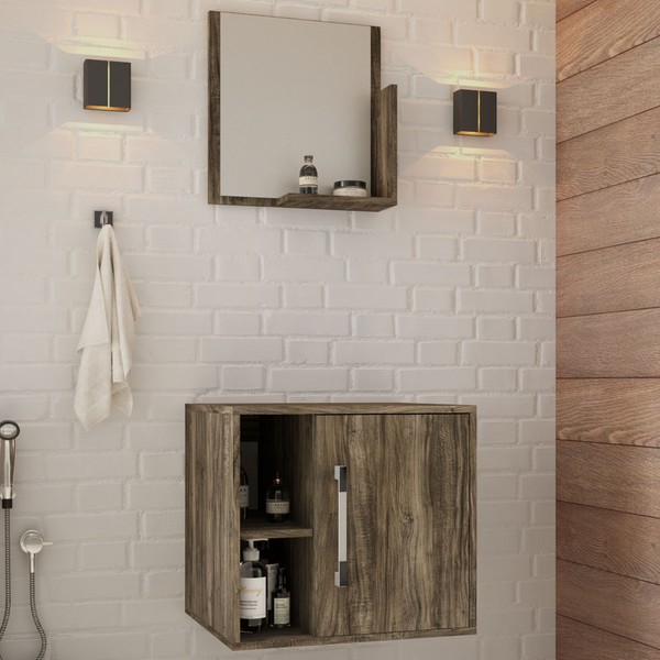 Armário de Banheiro Olivia 1 Porta 2 Prateleiras com Espelho Carvalho Dark - Pnr Móveis