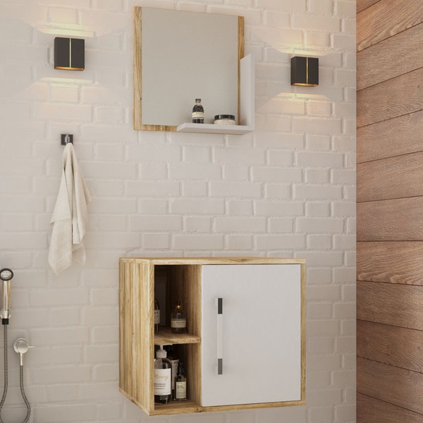 Armário de Banheiro Olivia 1 Porta 2 Prateleiras com Espelho Carvalho/Branco Chess  - Pnr Móveis