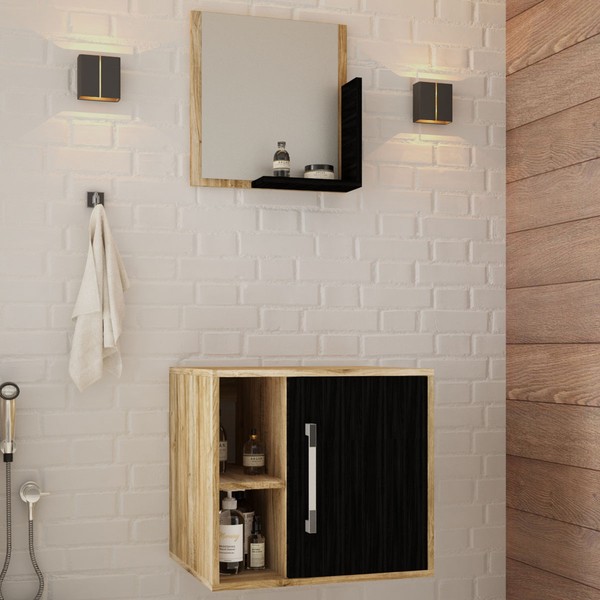 Armário de Banheiro Olivia 1 Porta 2 Prateleiras com Espelho Carvalho/Preto ônix  - Pnr Móveis