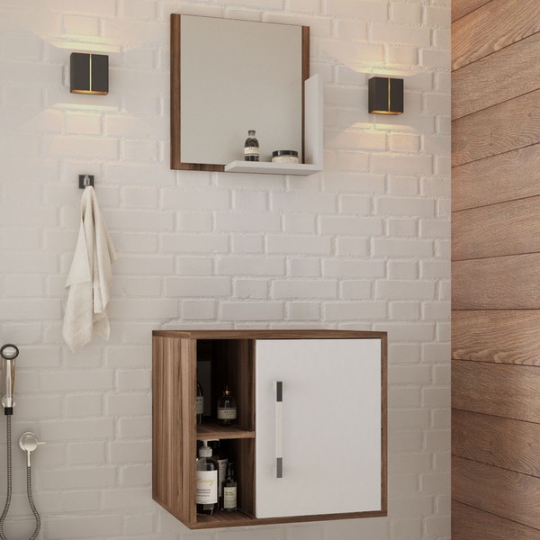 Armário de Banheiro Olivia 1 Porta 2 Prateleiras com Espelho Nogal/Branco Chess  - Pnr Móveis