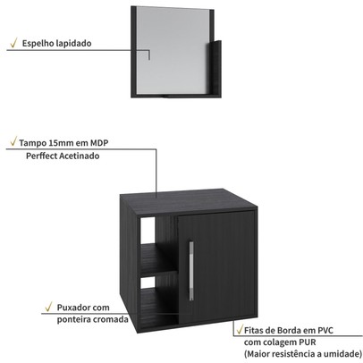 Armário de Banheiro Olivia 1 Porta 2 Prateleiras com Espelho Preto ônix - Pnr Móveis