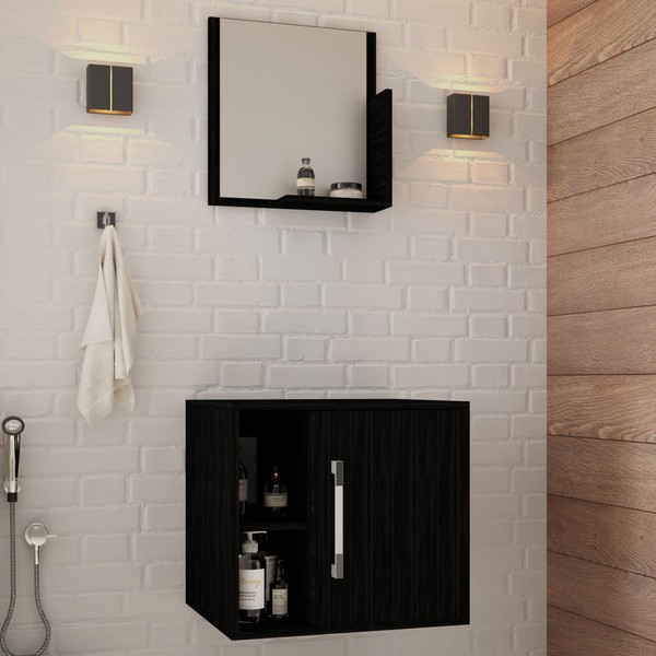 Armário de Banheiro Olivia 1 Porta 2 Prateleiras com Espelho Preto ônix - Pnr Móveis