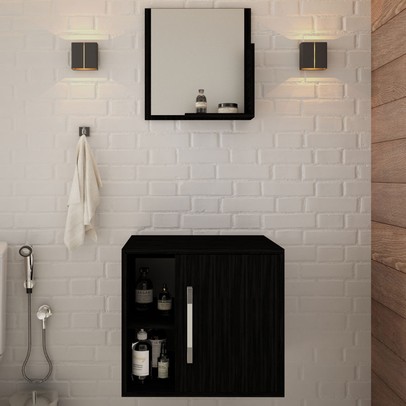 Armário de Banheiro Olivia 1 Porta 2 Prateleiras com Espelho Preto ônix - Pnr Móveis