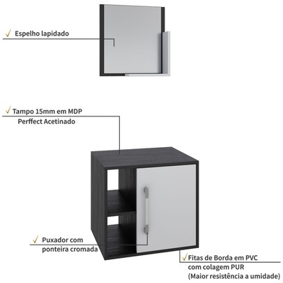 Armário de Banheiro Olivia 1 Porta 2 Prateleiras com Espelho Preto ônix/Branco Chess - Pnr Móveis
