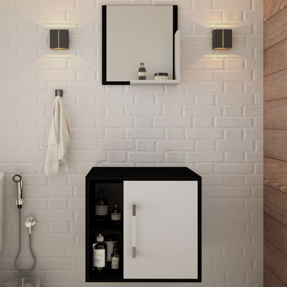 Armário de Banheiro Olivia 1 Porta 2 Prateleiras com Espelho Preto ônix/Branco Chess - Pnr Móveis