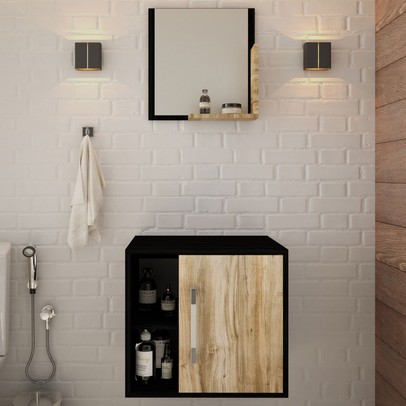 Armário de Banheiro Olivia 1 Porta 2 Prateleiras com Espelho Preto ônix/Carvalho - Pnr Móveis