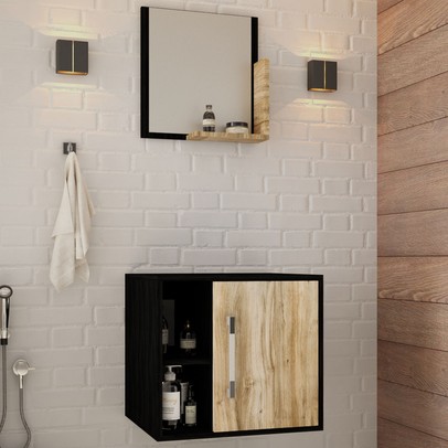 Armário de Banheiro Olivia 1 Porta 2 Prateleiras com Espelho Preto ônix/Carvalho - Pnr Móveis