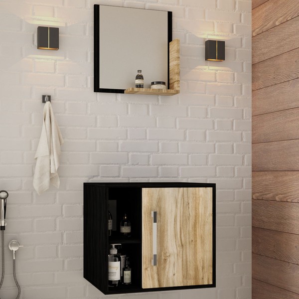 Armário de Banheiro Olivia 1 Porta 2 Prateleiras com Espelho Preto ônix/Carvalho - Pnr Móveis