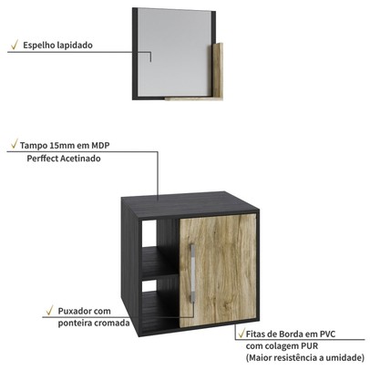 Armário de Banheiro Olivia 1 Porta 2 Prateleiras com Espelho Preto ônix/Carvalho - Pnr Móveis