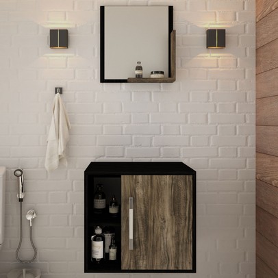 Armário de Banheiro Olivia 1 Porta 2 Prateleiras com Espelho Preto ônix/Carvalho Dark - Pnr Móveis