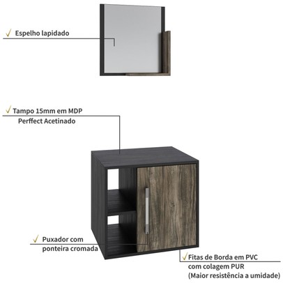 Armário de Banheiro Olivia 1 Porta 2 Prateleiras com Espelho Preto ônix/Carvalho Dark - Pnr Móveis