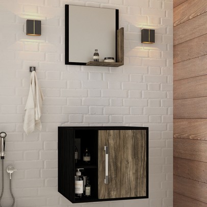 Armário de Banheiro Olivia 1 Porta 2 Prateleiras com Espelho Preto ônix/Carvalho Dark - Pnr Móveis