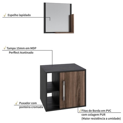 Armário de Banheiro Olivia 1 Porta 2 Prateleiras com Espelho Preto ônix/Nogal - Pnr Móveis