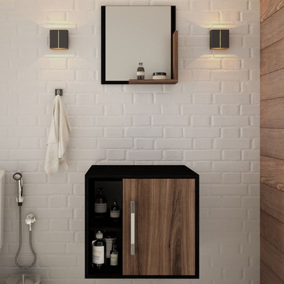 Armário de Banheiro Olivia 1 Porta 2 Prateleiras com Espelho Preto ônix/Nogal - Pnr Móveis