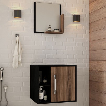 Armário de Banheiro Olivia 1 Porta 2 Prateleiras com Espelho Preto ônix/Nogal - Pnr Móveis