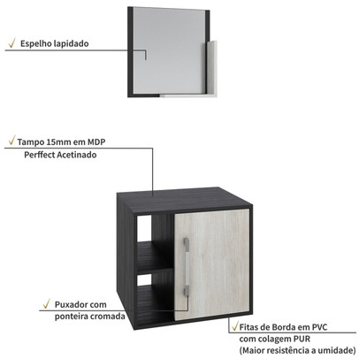 Armário de Banheiro Olivia 1 Porta 2 Prateleiras com Espelho Preto Onix/Snow - Pnr Móveis