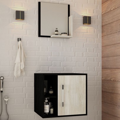 Armário de Banheiro Olivia 1 Porta 2 Prateleiras com Espelho Preto Onix/Snow - Pnr Móveis