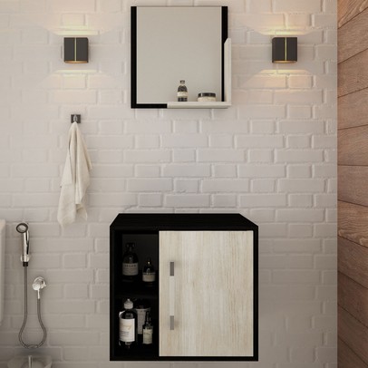 Armário de Banheiro Olivia 1 Porta 2 Prateleiras com Espelho Preto Onix/Snow - Pnr Móveis