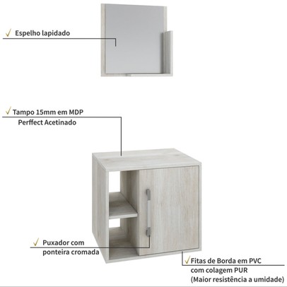 Armário de Banheiro Olivia 1 Porta 2 Prateleiras com Espelho Snow - Pnr Móveis