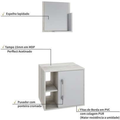 Armário de Banheiro Olivia 1 Porta 2 Prateleiras com Espelho Snow/Branco Chess - Pnr Móveis