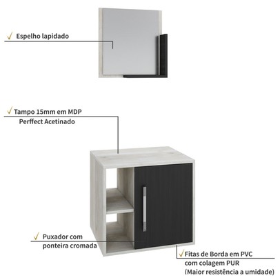 Armário de Banheiro Olivia 1 Porta 2 Prateleiras com Espelho Snow/Preto ônix - Pnr Móveis