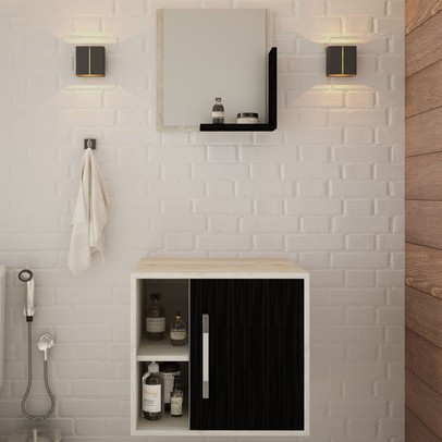 Armário de Banheiro Olivia 1 Porta 2 Prateleiras com Espelho Snow/Preto ônix - Pnr Móveis