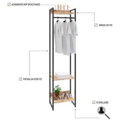 Closet Fine 3 Prateleiras Carvalho/Preto - Pnr Móveis