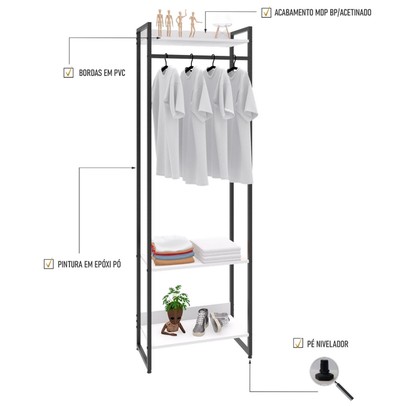 Closet Fine Ii 3 Prateleiras Branco Chess/Preto - Pnr Móveis