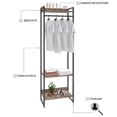 Closet Fine Ii 3 Prateleiras Carvalho Dark/Preto - Pnr Móveis
