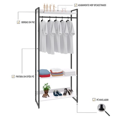 Closet Fine Plus 3 Prateleiras Branco Chess/Preto - Pnr Móveis