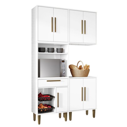 Armário de Cozinha Lorena 7 Portas 1 Gaveta com Fruteira Branco - Kaiki Móveis