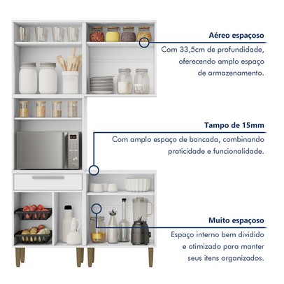 Armário de Cozinha Lorena 7 Portas 1 Gaveta com Fruteira Branco - Kaiki Móveis