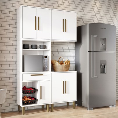 Armário de Cozinha Lorena 7 Portas 1 Gaveta com Fruteira Branco - Kaiki Móveis